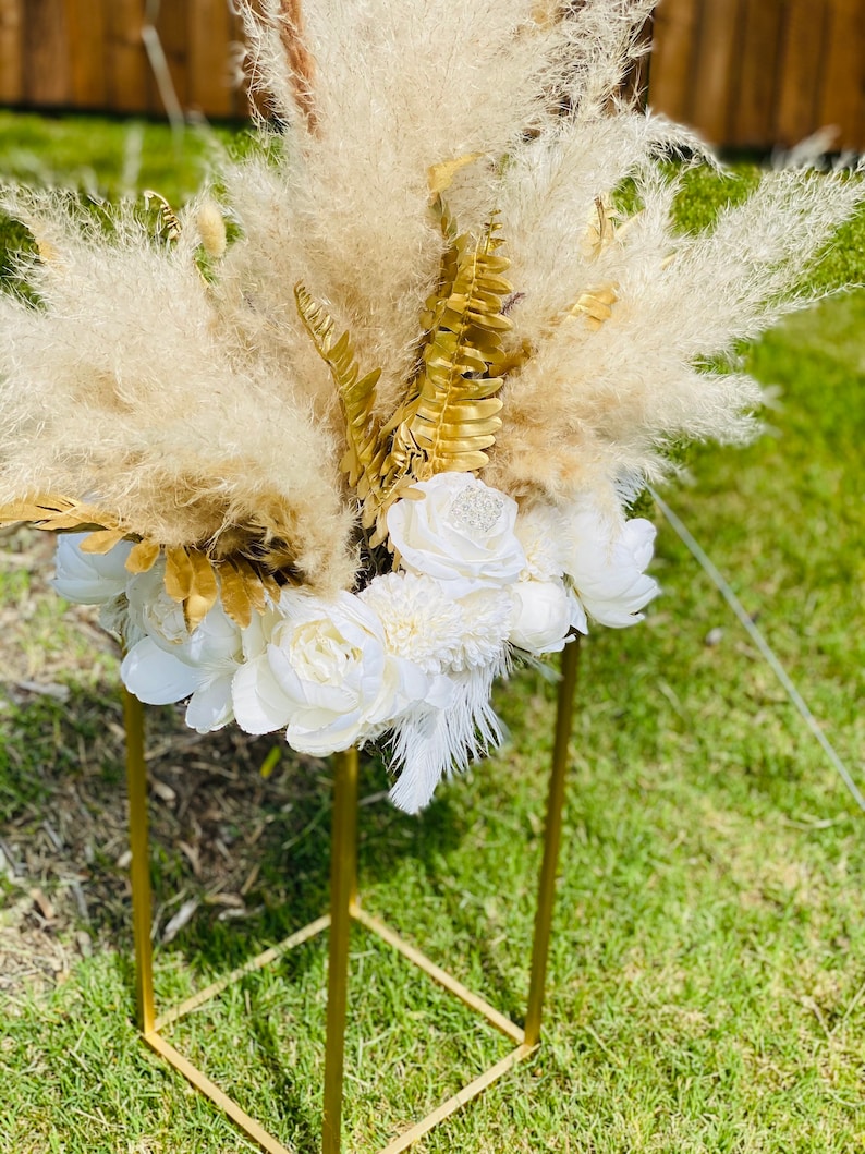 Boho white and gold pampas grass floral arrangement wedding centerpiece image 4