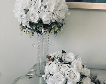 winter white floral wedding centerpiece with crystal enchanted vase