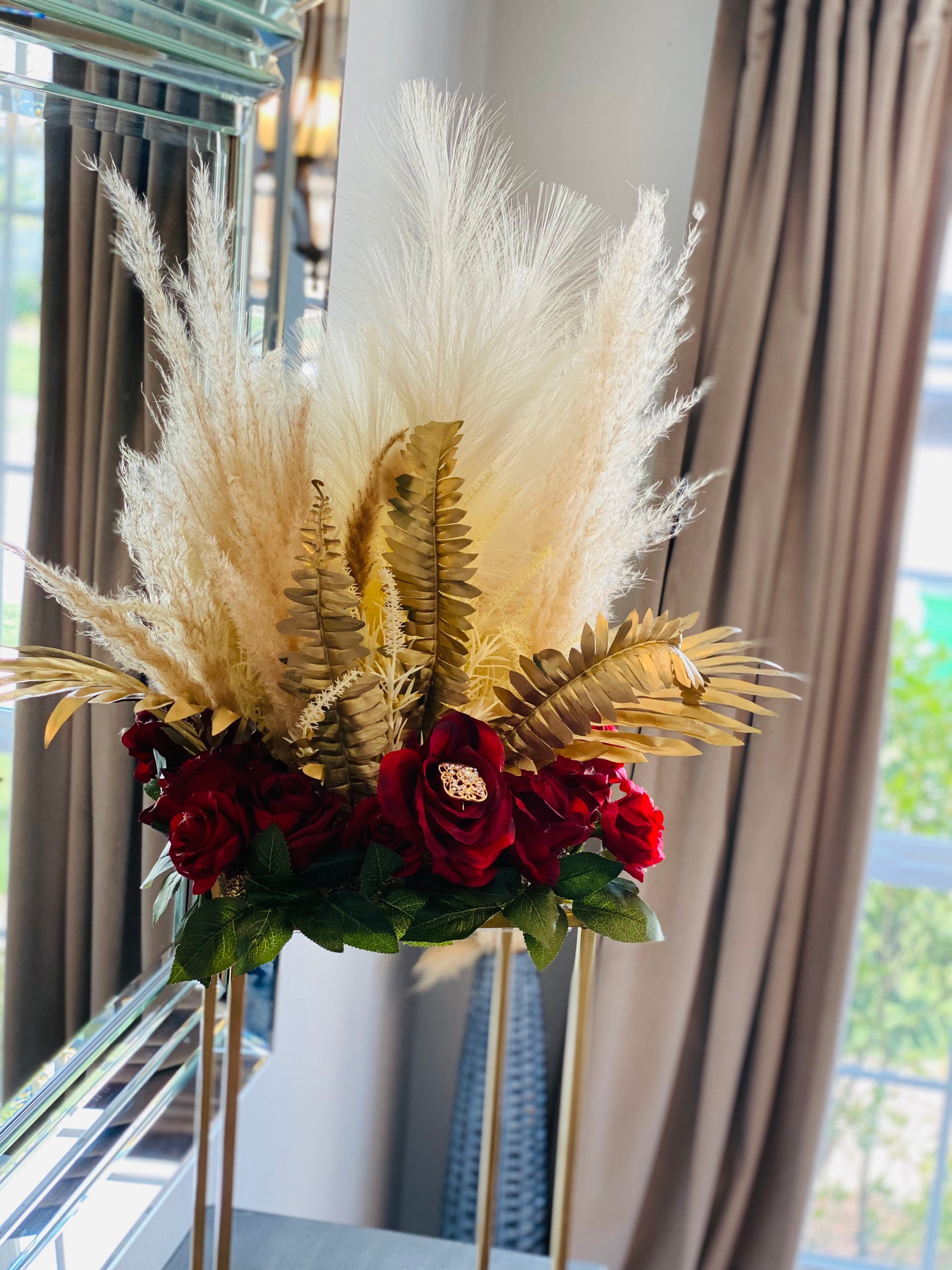 Bohemian Red and Gold Pampas Grass Floral Arrangement Wedding - Etsy