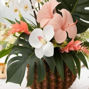 Tropical Orchid Centerpiece: Swiss Cheese Leaf Arrangement