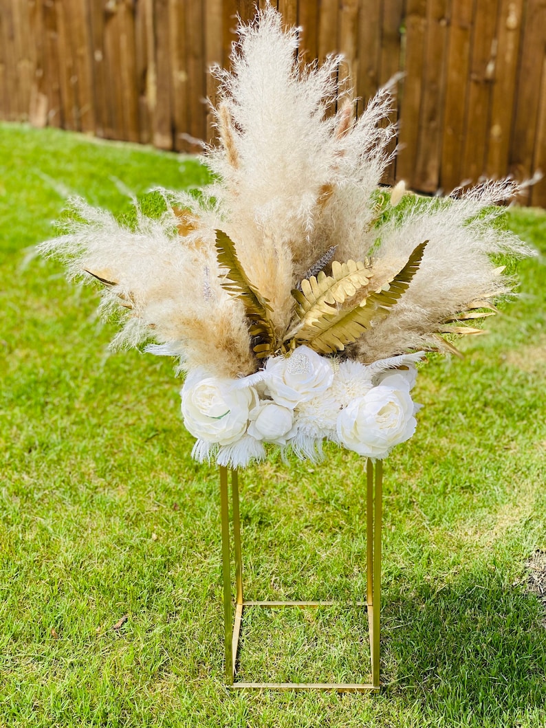 Boho white and gold pampas grass floral arrangement wedding centerpiece image 1