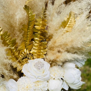 Boho white and gold pampas grass floral arrangement wedding centerpiece image 3