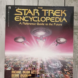 May include: The Star Trek Encyclopedia: A Reference Guide to the Future, a book cover with a red and pink gradient background featuring a grid of images of the Star Trek universe, including starships, characters, and planets. The book title is in gold lettering with the words "Star Trek" in a larger font size than "Encyclopedia".