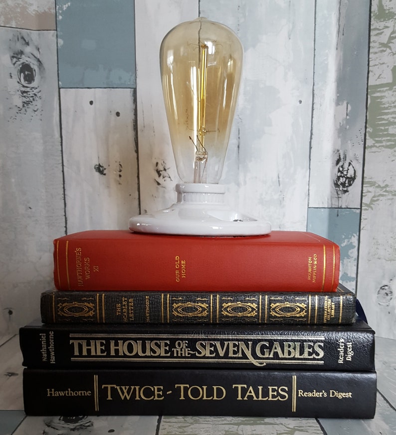 Repurposed Upcycled Stacked Book Lamp Nathaniel Hawthorne Theme Steampunk Style Edison Bulb