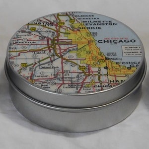 Small 3 inch Tin featuring Vintage City Map - Illinois Cities available for immediate shipment:  Rockford, Chicago, and Peoria