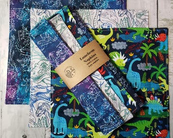 Dinosaur Napkins SET # 2 – SIX Cloth Napkins 2ply - Eco-friendly – 10-inch Luncheon Size - 100% cotton