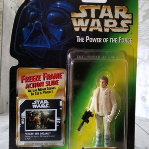 May include: A Star Wars action figure of Princess Leia Organa in Hoth gear with a blaster pistol. The figure is packaged in a plastic blister pack with a freeze frame action slide featuring a scene from the movie.