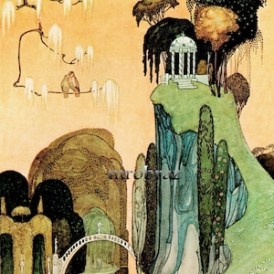 Puede incluir: Ilustración de un paisaje de fantasía con un mirador blanco en la cima de un acantilado, un puente y exuberante vegetación. Dos pájaros posados en una rama. La obra de arte tiene un estilo vintage con colores suaves y detalles.