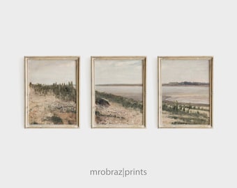 Vintage Moody Landscape Print Set of 3 Oil Paintings, Farmhouse Triptych, Dunes Wall Art [Printable]