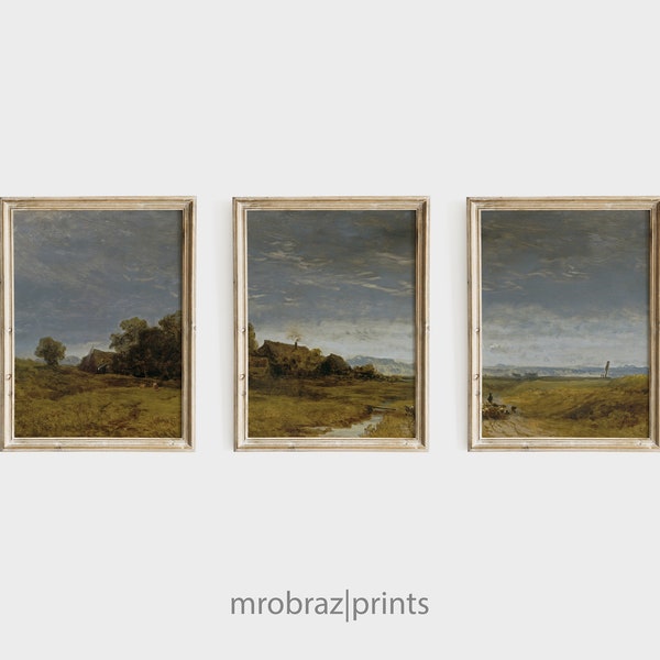 Vintage Triptych Landscape Print Set of 3 Oil Paintings, French Farmhouse Decor, 3 Piece Panel Wall Art