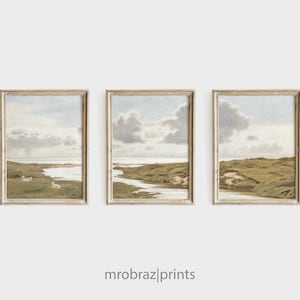 Vintage Triptych Landscape Print Set of 3 Oil Paintings, French Farmhouse Decor, 3 Piece Panel Wall Art