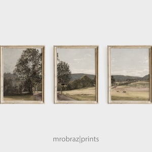Vintage Triptych Landscape Print Set of 3 Oil Paintings, French Farmhouse Decor, 3 Piece Panel Wall Art
