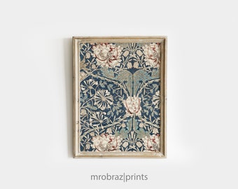 Blue Tapestry Wall Art, Vintage Floral Textile Pattern, Antique Rug Pattern Wall Print, Printable European Decor