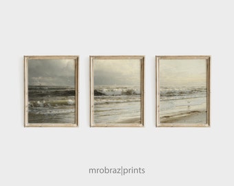 Vintage Seascape Triptych Print Set of 3 Oil Paintings | French Farmhouse Decor | 3 Piece Panel Printable Wall Art