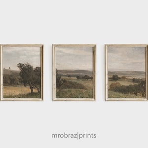 Vintage Triptych Landscape Print Set of 3 Oil Paintings, French Farmhouse Decor, 3 Piece Panel Wall Art