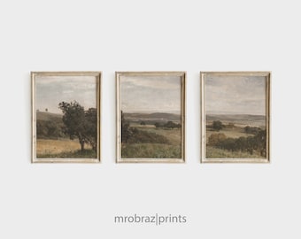 Vintage 3 Piece Panel Wall Art, Triptych Landscape Print Set of 3 Oil Paintings, French Farmhouse Decor, Printable