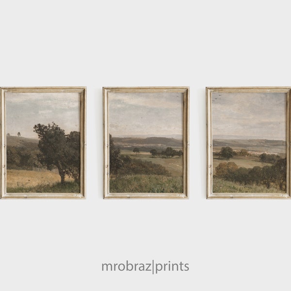 vintage triptyque paysage imprimé ensemble de 3 peintures à l'huile, décor de ferme française, art mural de panneau de 3 pièces