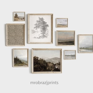 Printable Gallery Wall Layout Set of 9 Paintings, Curated art prints set with golden proportion and balanced colors
