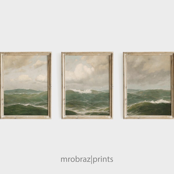 Vintage Seascape Triptych Print Set of 3 Oil Paintings | French Farmhouse Decor | 3 Piece Panel Printable Wall Art