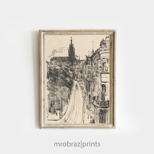 Vintage Cityscape Sketch Art | Antique Neutral Drawing Printable