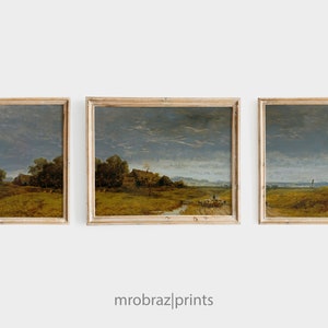 Vintage Triptych Landscape Print Set of 3 Oil Paintings, French Farmhouse Decor, 3 Piece Panel Wall Art