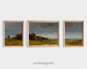 May include: Set of three framed landscape paintings. Each features a rural scene with fields, trees, and a cloudy sky. The artwork has a vintage aesthetic, with muted colors and a rustic wooden frame. The text "mrobraz|prints" is at the bottom.