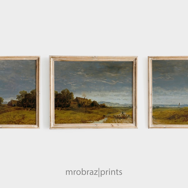 vintage triptyque paysage imprimé ensemble de 3 peintures à l'huile, décor de ferme française, art mural de panneau de 3 pièces