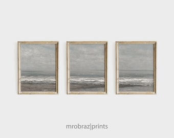 Vintage Coastal Landscape Triptych Print Set of 3 Oil Paintings, French Farmhouse Decor, 3 Piece Panel Printable Wall Art