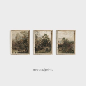 Vintage Triptych Landscape Print Set of 3 Oil Paintings, French Farmhouse Decor, 3 Piece Panel Wall Art