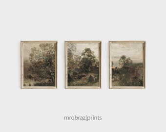 Vintage Triptych Landscape Print Set of 3 Oil Paintings, French Farmhouse Decor, 3 Piece Panel Wall Art