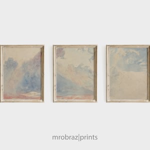 Vintage Cloud Triptych Print Set of 3 Watercolour Paintings, French Nursery 3 Piece Panel Printable Wall Art