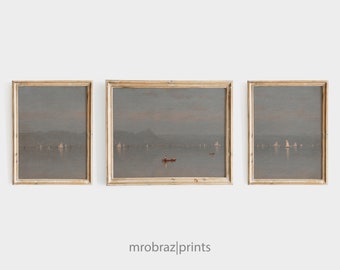 Tríptico de paisaje costero vintage / Conjunto de impresión de 3 pinturas al óleo / Decoración de granja francesa / Arte de pared imprimible en panel de 3 piezas