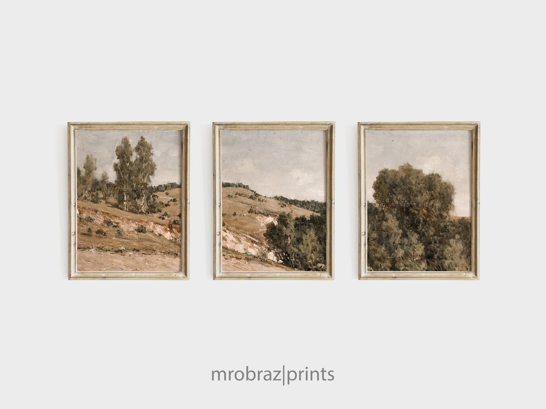 Vintage Triptych Landscape Print Set of 3 Oil Paintings, French