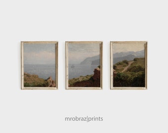 Vintage Coastal Landscape Triptych Print Set of 3 Oil Paintings, French Farmhouse Decor, 3 Piece Panel Printable Wall Art