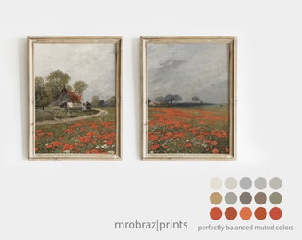 Printable Landscape Print, Red Poppies Gallery Wall Set, Vintage French Cottage, Spring Wildflowers Meadow, Country Art Print