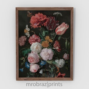 Dark Flower Painting Vintage Art Print, Still Life Farmhouse Decor, Printable Wall Art