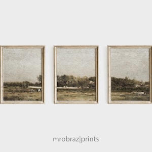 Vintage Triptych Landscape Print Set of 3 Oil Paintings, French Farmhouse Decor, 3 Piece Panel Wall Art