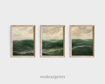 Vintage Seascape Triptych Print Set of 3 Oil Paintings | French Farmhouse Decor | 3 Piece Panel Printable Wall Art