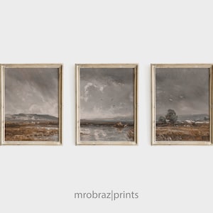 Vintage Triptych Landscape Print Set of 3 Oil Paintings, French Farmhouse Decor, 3 Piece Panel Wall Art