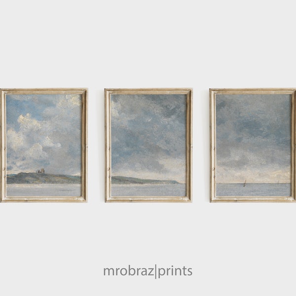 vintage Coastal Landscape Triptych Print Set of 3 Oil Paintings, French Farmhouse Decor, 3 Piece Panel Printable Wall Art