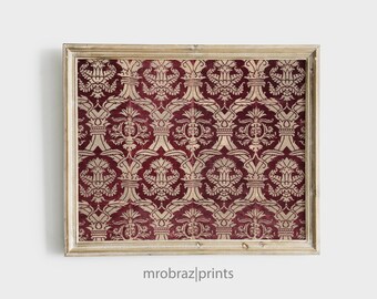 Vintage Textile Art, Rug Pattern Wall Print, Antique European Red Tapestry Decor, Printable Wall Art