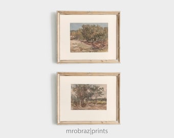Watercolor Landscape Art Set of 2, Vintage Neutral Art Prints, Farmhouse Decor, Printable Wall Art