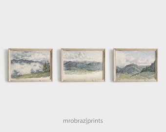 Vintage Landscape Triptych Print Set of 3 Watercolor Paintings | French Farmhouse Decor | 3 Piece Panel Printable Wall Art