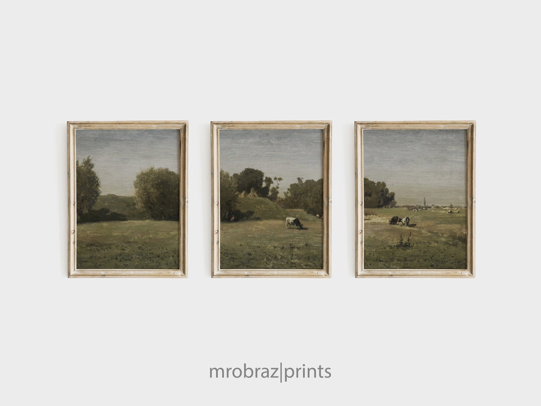 Vintage Triptych Landscape Print Set of 3 Oil Paintings, French