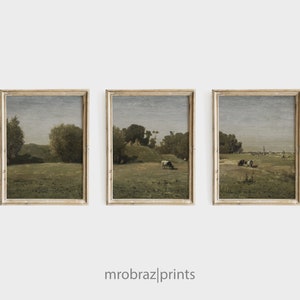 Vintage Triptych Landscape Print Set of 3 Oil Paintings, French Farmhouse Decor, 3 Piece Panel Wall Art