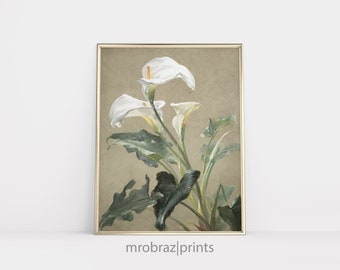 Vintage Calla Lilies Painting, White Flower Print, Farmhouse Decor, Printable Wall Art