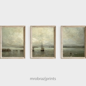 Vintage Seascape Triptych Print Set of 3 Oil Paintings | French Farmhouse Decor | 3 Piece Panel Printable Wall Art