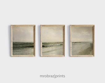 Vintage Coastal Landscape Triptych Print Set of 3 Oil Paintings, French Farmhouse Decor, 3 Piece Panel [Printable Wall Art]