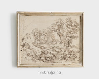 Minimalist Landscape Drawing, Antique Landscape Sketch, Neutral Farmhouse Print, Printable Country Scene Art