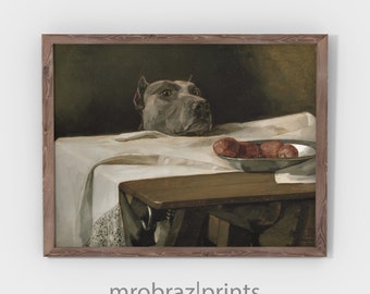 Printable Vintage Kitchen Dog Print | Pit bull terrier staring at meat | Antique Kitchen Wall Decor | Digital Download